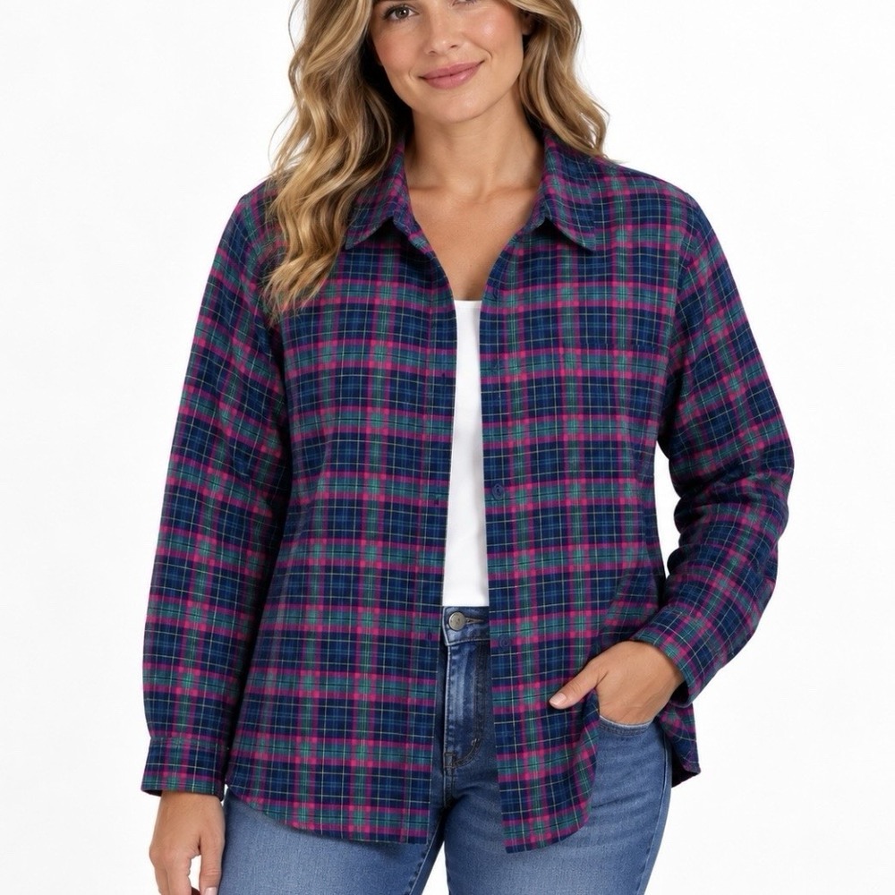 LL Bean Colorful Plaid Sherpa Fleece Lined Flannel Shirt Jacket Shacket Size XL